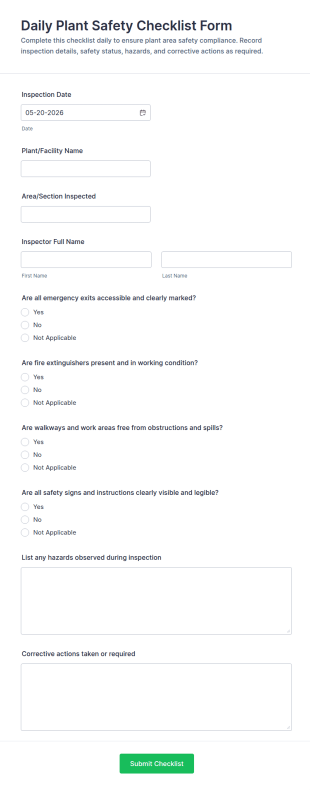 Daily Plant Safety Checklist Form Template