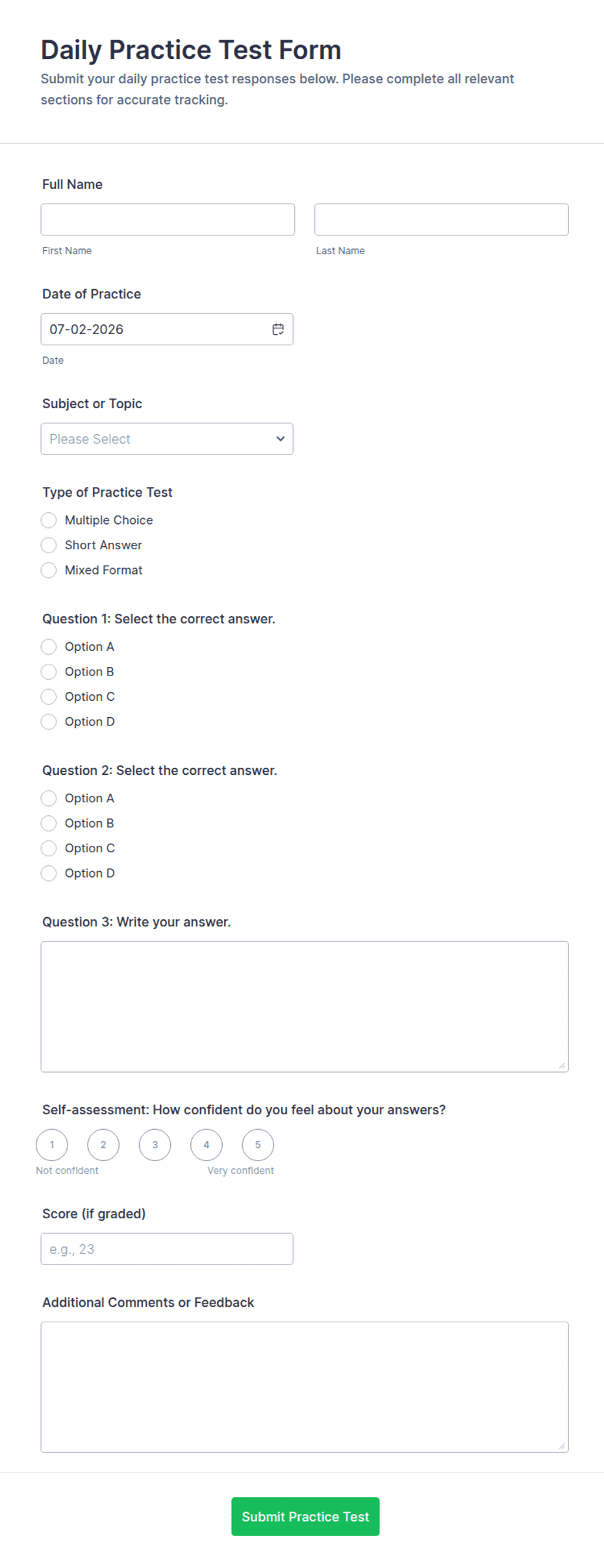 Daily Practice Test Form Template | Jotform