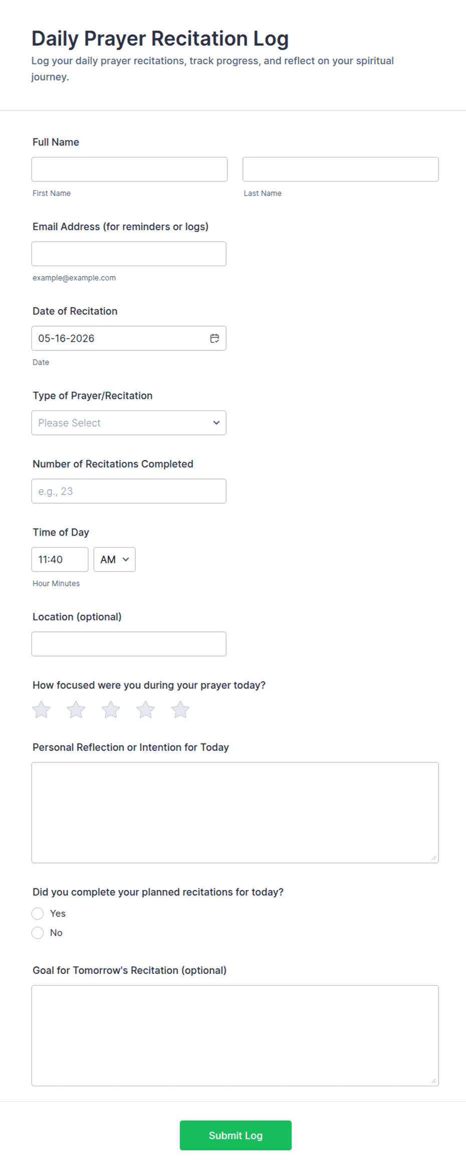 Daily Prayer Recitation Log Form Template | Jotform