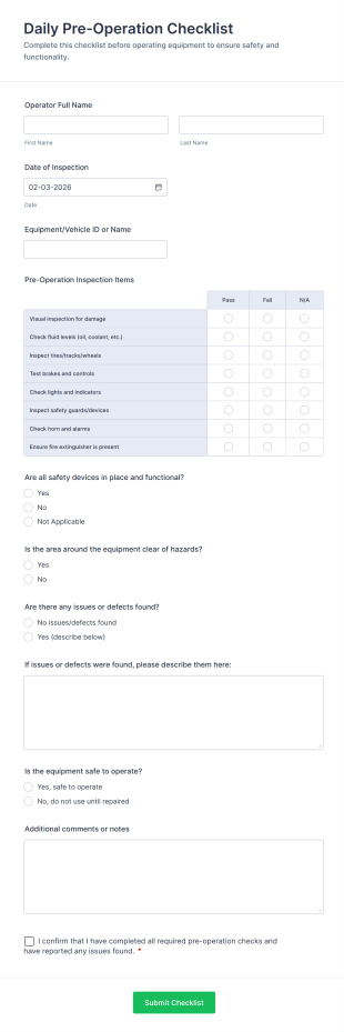 Daily Pre Operation Checklist Form Template