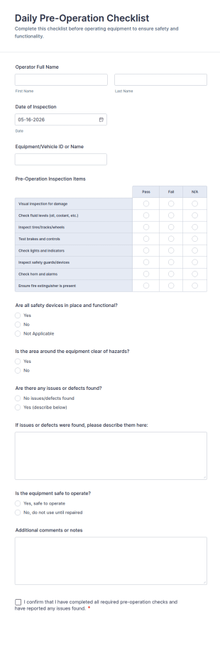Daily Pre Operation Checklist Form Template