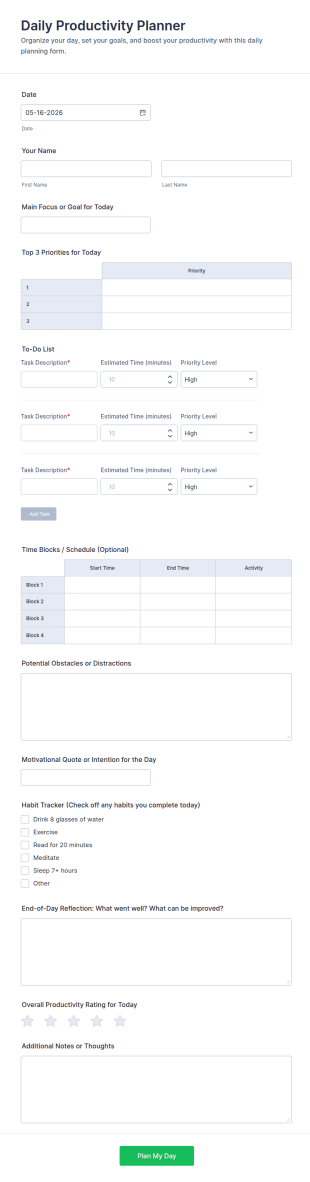 Daily Productivity Planner Form Template
