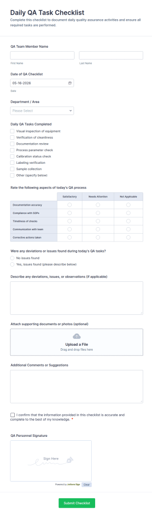 Daily QA Task Checklist Form Template