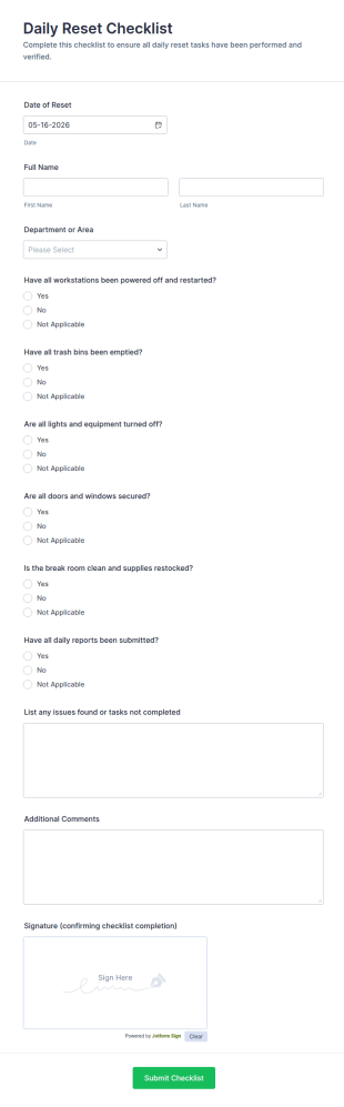 Daily Reset Checklist Form Template