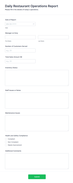 Daily Restaurant Operations Report Form Template