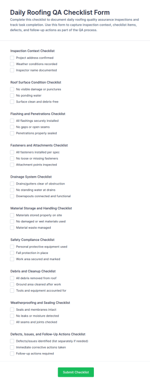 Daily Roofing QA Checklist Form Template