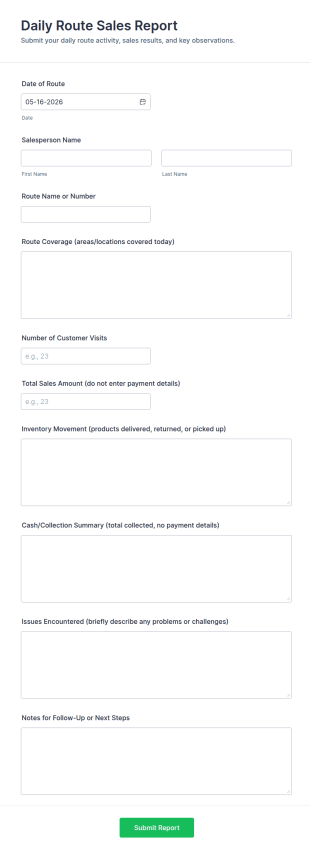 Daily Route Sales Report Form Template