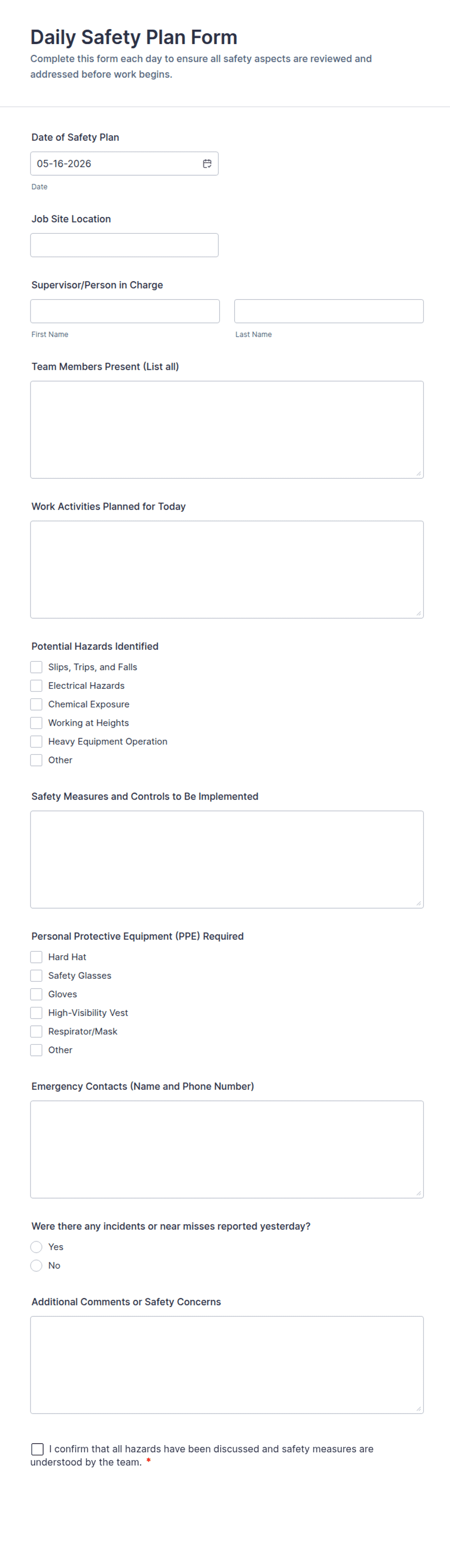 Daily Safety Plan Form Template | Jotform
