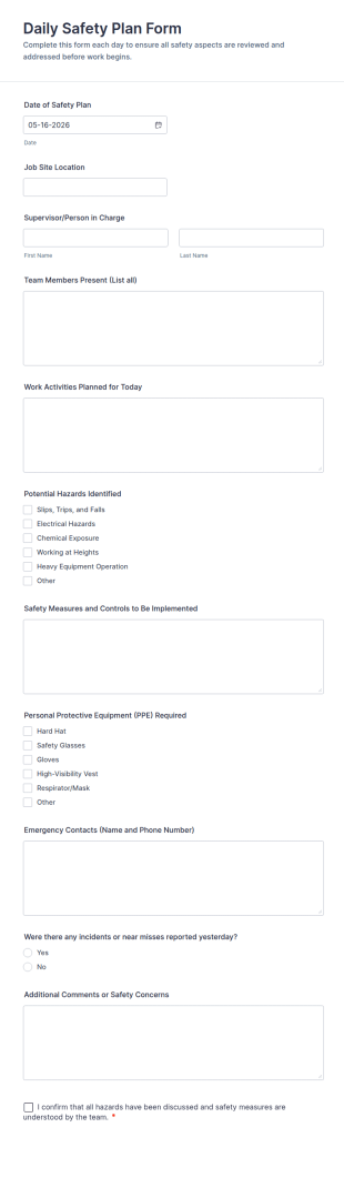 Daily Safety Plan Form Template
