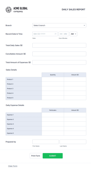 Daily Sales Report Form Template