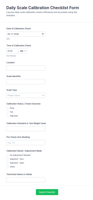 Daily Scale Calibration Checklist Form Template