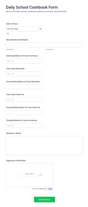 Daily School Cashbook Form Template