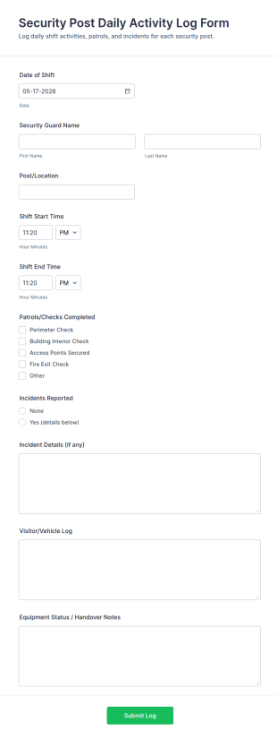 Daily Security Post Activity Log Form Template