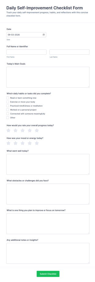Daily Self Improvement Checklist Form Template