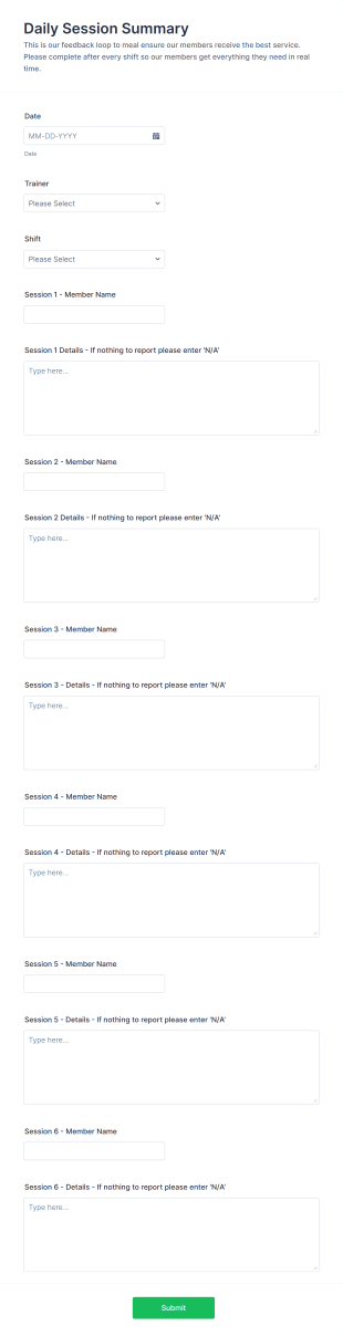 Daily Session Summary Form Template