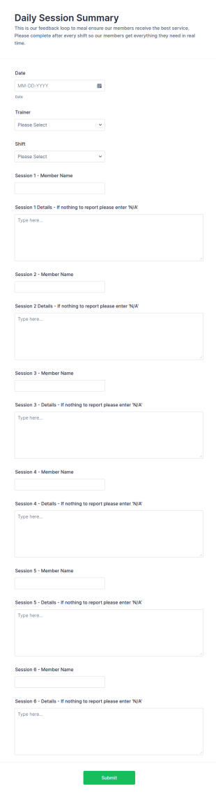 Daily Session Summary Form Template