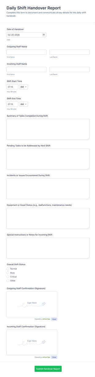 Daily Shift Handover Report Form Template