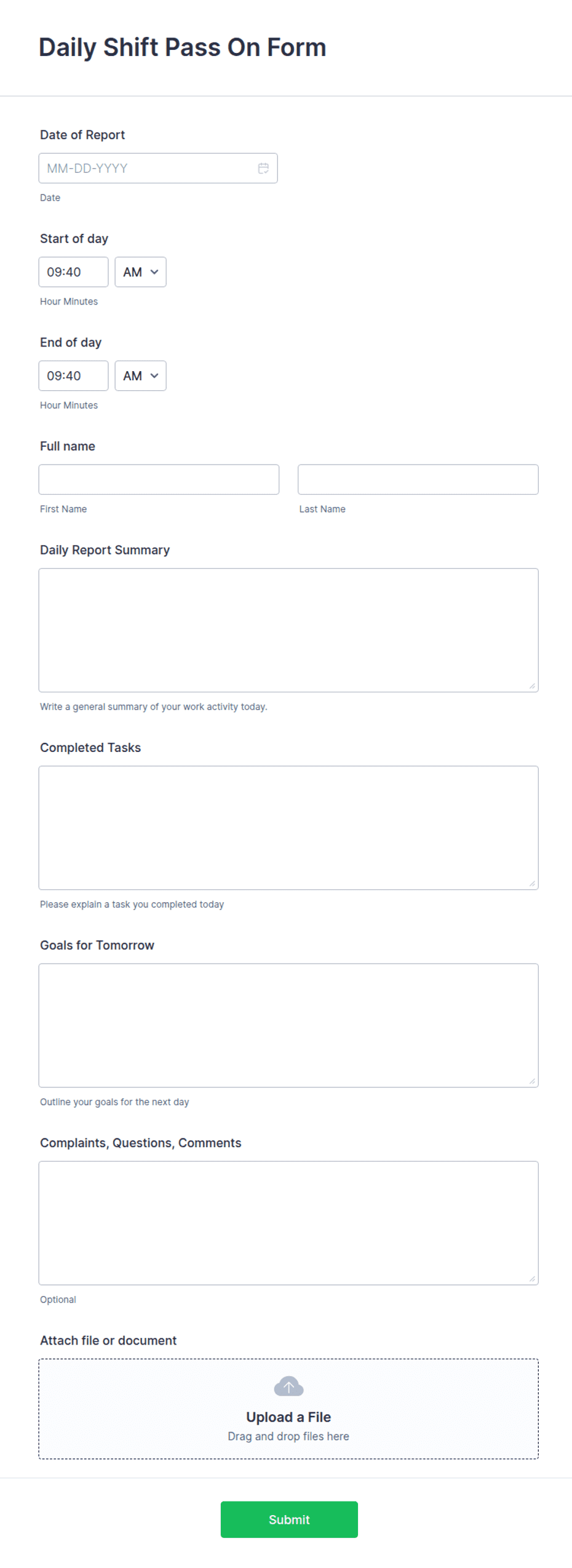 Shift Pass Down Worksheet.pdf Daily Shift Pass On Form Template | Jotform