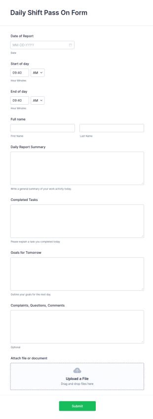 Daily Shift Pass On Form Template