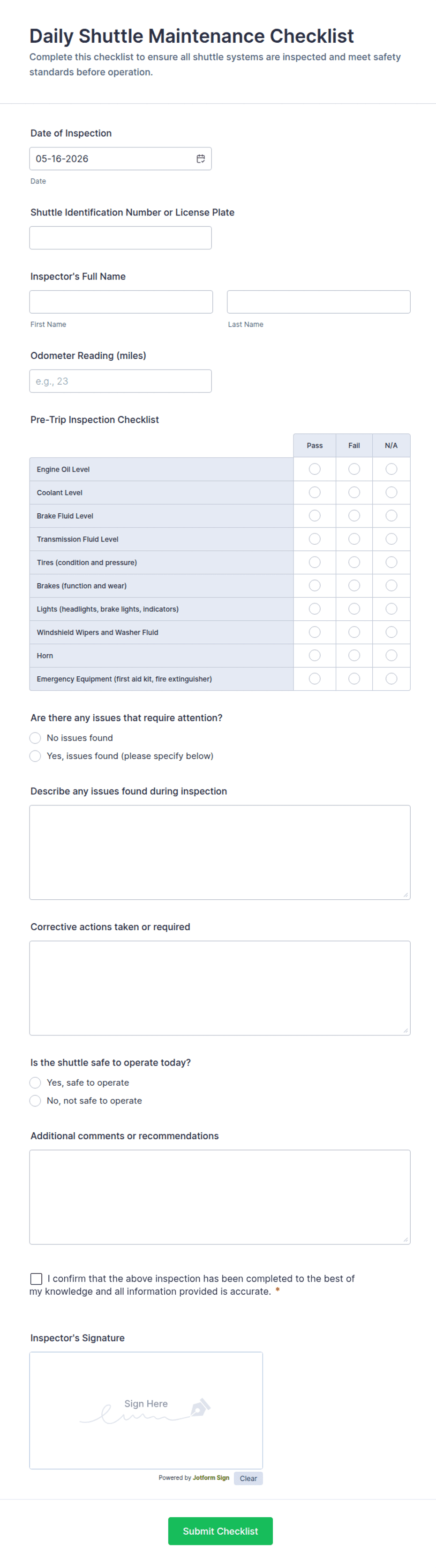 Daily Shuttle Maintenance Checklist Form Template | Jotform