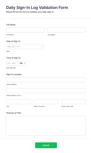Daily Sign In Log Validation Form Template