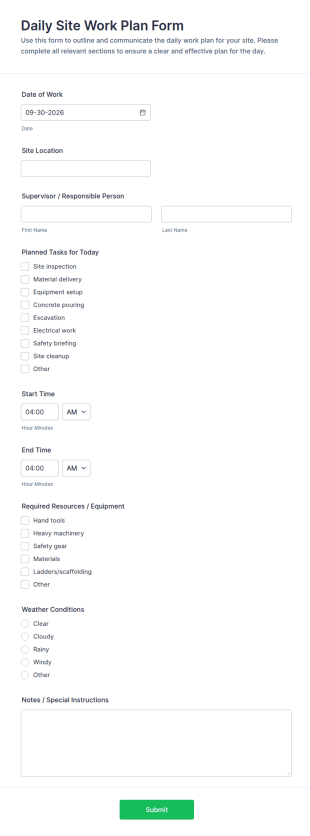 Daily Site Work Plan Form Template