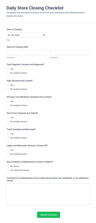 Daily Store Closing Checklist Form Template