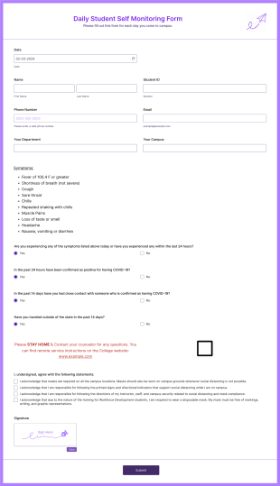 Daily Student Self Monitoring Form Template