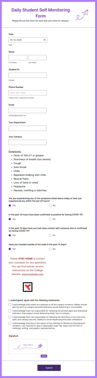Daily Student Self Monitoring Form Template