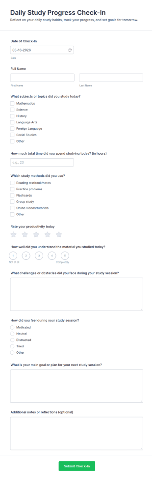 Daily Study Progress Check In Form Template