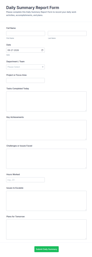 Daily Summary Report Form Template