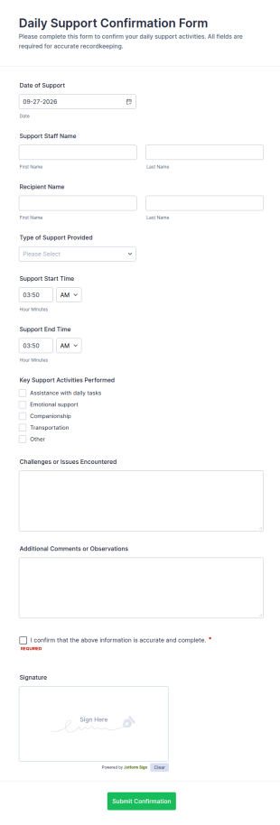 Daily Support Confirmation Form Template