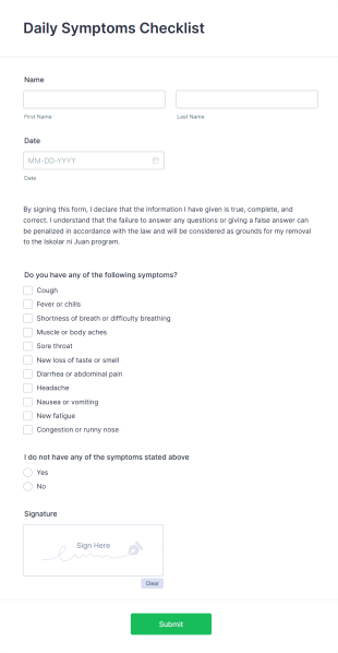 Daily Symptoms Checklist Form Template