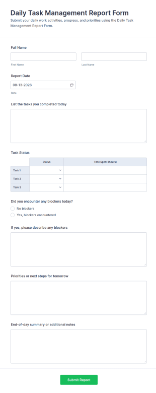 Daily Task Management Report Form Template