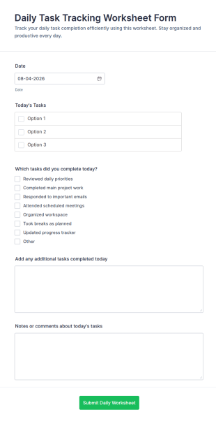 Daily Task Tracking Worksheet Form Template