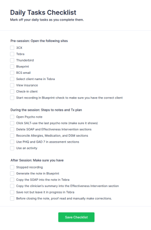Behavioral Health Session Workflow Checklist Form Template