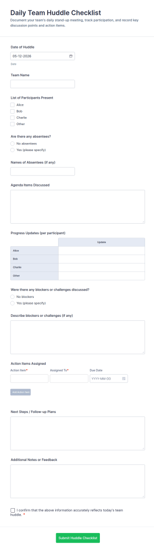 Daily Team Huddle Checklist Form Template