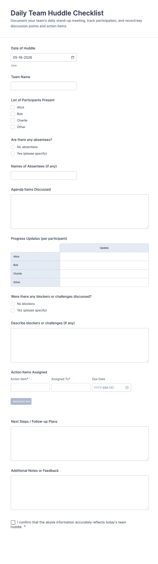 Daily Team Huddle Checklist Form Template