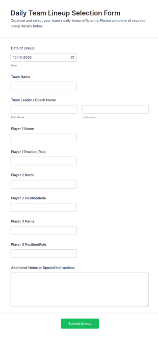 Daily Team Lineup Selection Form Template