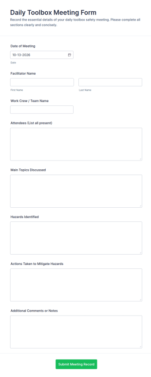 Daily Toolbox Meeting Form Template