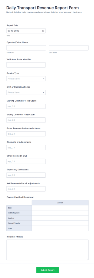 Daily Transport Revenue Report Form Template