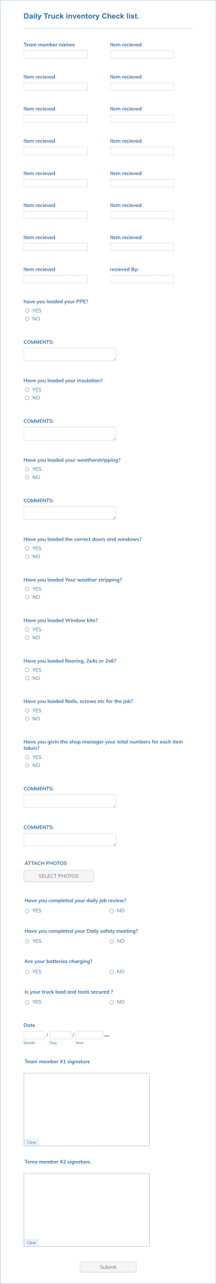 Daily Truck Inventory Checklist Form Template