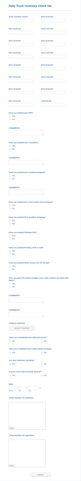 Daily Truck Inventory Checklist Form Template