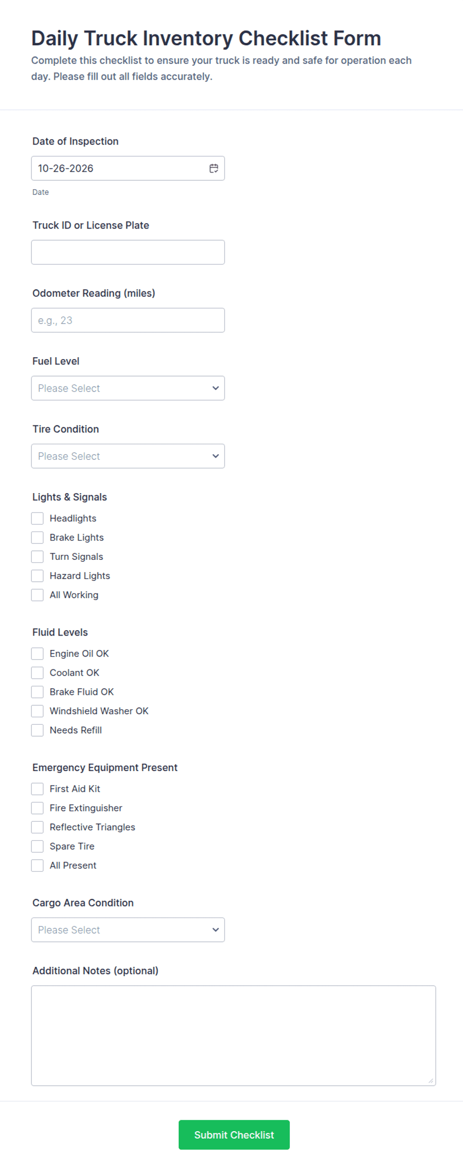 Custom Inventory Checklist Daily Truck Inventory Checklist Form Template | Jotform