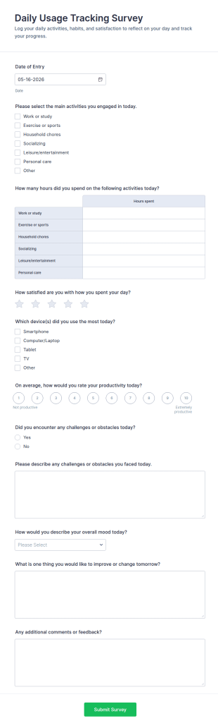 Daily Usage Tracking Survey Form Template