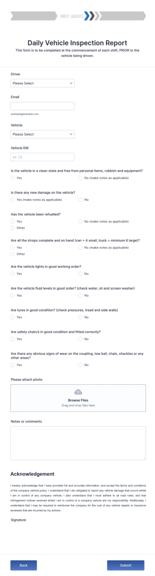 Daily Vehicle Inspection Report Form Template