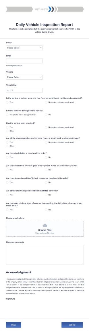 Daily Vehicle Inspection Report Form Template