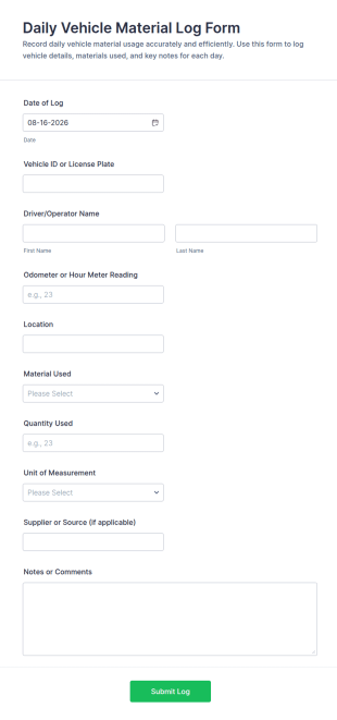 Daily Vehicle Material Log Form Template
