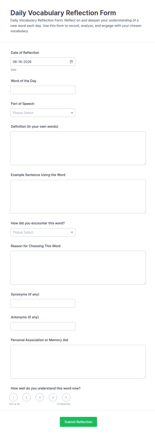 Daily Vocabulary Reflection Form Template