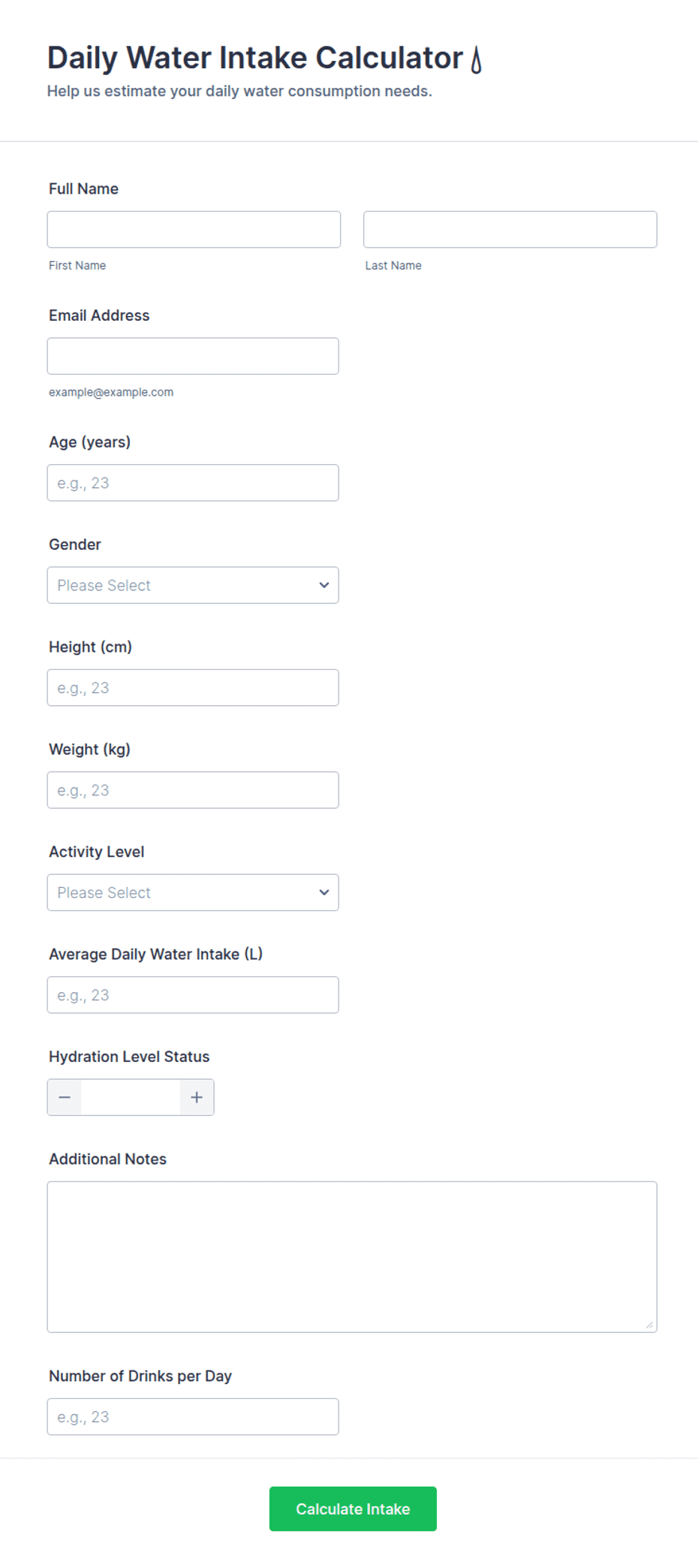 Daily Water Intake Calculator 💧 Form Template | Jotform
